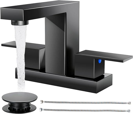 Cobbe Bathroom Faucets for Sink 3 Hole, Matte Black Bathroom Sink Faucet Square 4 Inch Centerset with Pop-Up Drain, 2 Handle and 2 Supply Hoses, Lead-Free Stainless Steel for Vanity, Rv, Farmhouse