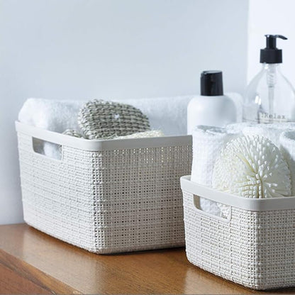 Curver Set of 6 Medium 12L Jute Decorative Plastic Organization and Storage Baskets - Perfect Bins for Home Office, Closet Shelves, Kitchen Pantry and All Bedroom Essentials, White
