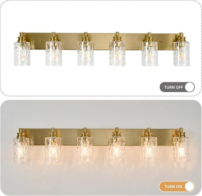 6 Light Bathroom Vanity Light Modern Brushed Gold Bathroom Light Fixtures Over Mirror with Hammered Glass Lampshade for Kitchen Hallway