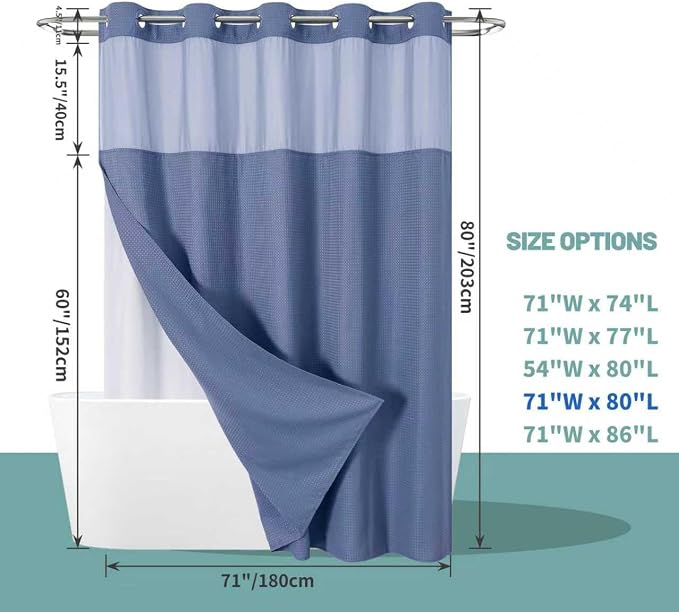 No Hook Waffle Shower Curtain with Snap-in Liner, 71x80 Inch,Moonlight Blue | 230 GSM waffle weave fabric, waterproof liner set with 2 bottom magnets, mesh top window, washable, for bathroom or hotel use