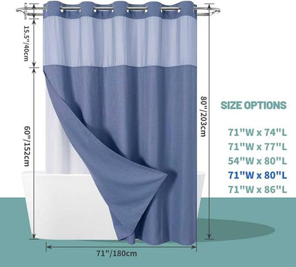 No Hook Waffle Shower Curtain with Snap-in Liner, 71x80 Inch,Moonlight Blue | 230 GSM waffle weave fabric, waterproof liner set with 2 bottom magnets, mesh top window, washable, for bathroom or hotel use