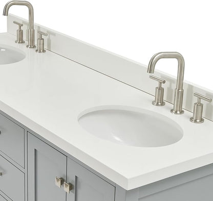 ARIEL Cambridge 66-inch Bathroom Vanity with Sink,Solid Wood, 1.5-inch Pure White Quartz Countertop & Backsplash, Double Oval Porcelain Sink, 4 Soft Closing Doors, 6 Dovetail Drawers, Grey