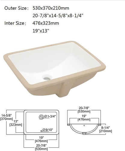 Dcolora Undermount Bathroom Sink Rectangle 21"x14" White Porcelain Ceramic Rectangular Vessel Sink Under Counter Lavatory Vanity Bath Sink Bowl Basin With Overflow