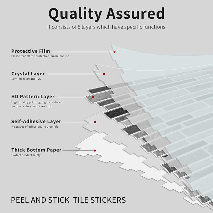Alwayspon 10 Sheets 12" x12inch Grey Marble Effect Vinyl Tiles, Backsplash, Self-Adhesive Peel and Stick Wall Tile Stickers, Stick on Subway Tiles for Kitchen Bathroom Wall Decor