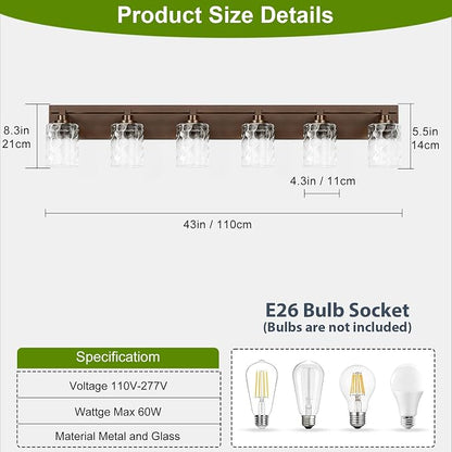 Modern Bathroom Lighting Fixtures Over Mirror, Vanity Lights for Bathroom, Wall Sconces with Clear Glass Shades, E26 Ceramic Socket, 6-Light 43-inch Oil-Rubbed