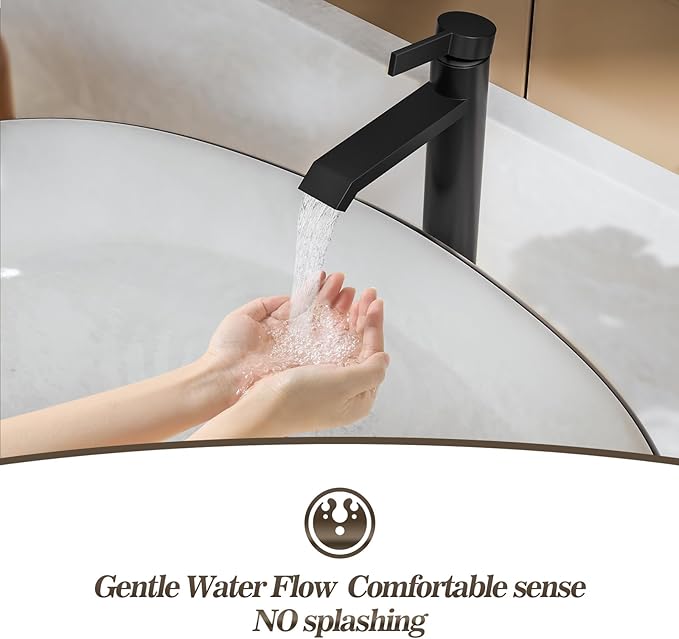 Phiestina Single Hole Matte Black Tall Bathroom Vessel Sink Faucet,Single Handle Waterfall Above Counter Sink Sink Faucet with Metal Pop Up Drain Without Overflow and Water Supply Line,FH04-MB-V