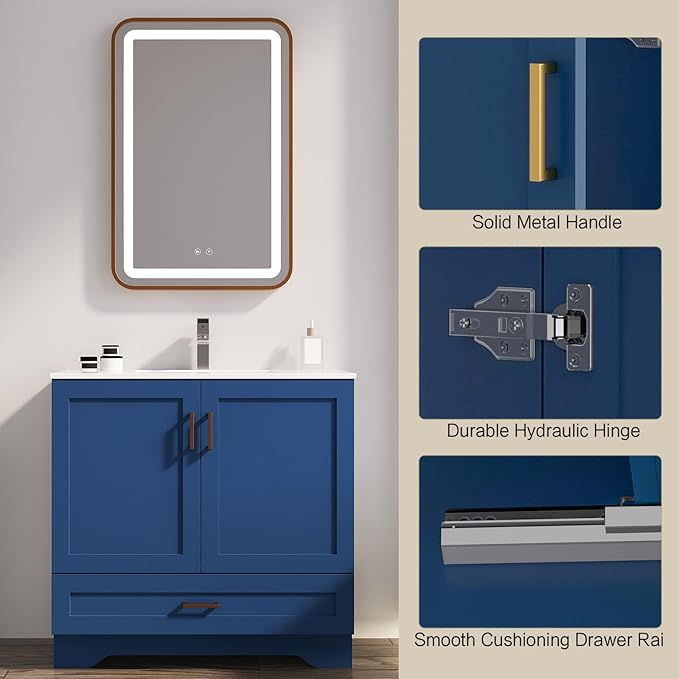 36 inch Bathroom Vanity with Sink, Modern Blue Vanity for Bathroom with Undermount Ceramic Sink, Freestanding 2-Door & 1-Drawer Storage Cabinet, for Small Bathroom Space, (Blue, 36")