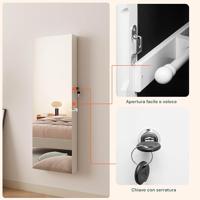 Avilia Jewellery Cabinet with Mirror 110 x 37 x 10 cm in Ultra Sturdy MDF - Space-Saving Jewellery and Accessories Organizer with Secure Key Lock, Wall or Door Mounting
