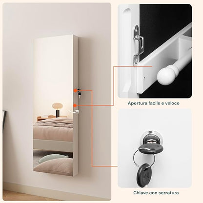 Avilia Jewellery Cabinet with Mirror 110 x 37 x 10 cm in Ultra Sturdy MDF - Space-Saving Jewellery and Accessories Organizer with Secure Key Lock, Wall or Door Mounting