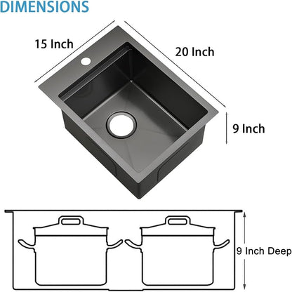 VAPSINT 15x20 Inch Black Drop In Bar Sink Workstation, 15x20x9 Inch Topmount T304 Stainless Steel Small Kitchen Bar Sink, Handmade Gunmetal Single Bowl for Wet Prep RV Outdoor with Accessories