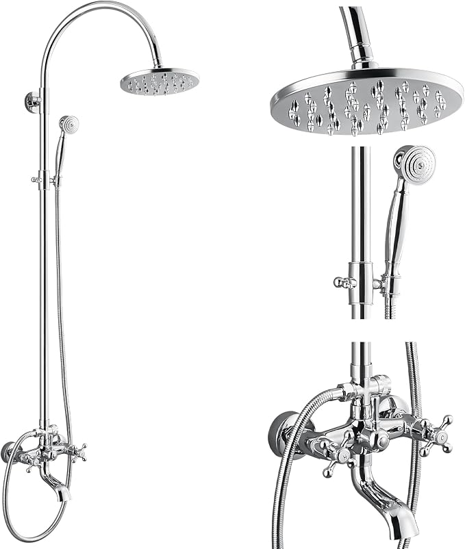 gotonovo Exposed Shower Faucet with Spout Polished Chrome,Curved Pipe | Brass Bathroom Exposed Shower System,8’’ Rain Head,Swivel Tub Spout 2 Cross Handle,Adjustable Handheld Sprayer,Wall Mount