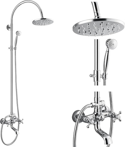 gotonovo Exposed Shower Faucet with Spout Polished Chrome,Curved Pipe | Brass Bathroom Exposed Shower System,8’’ Rain Head,Swivel Tub Spout 2 Cross Handle,Adjustable Handheld Sprayer,Wall Mount