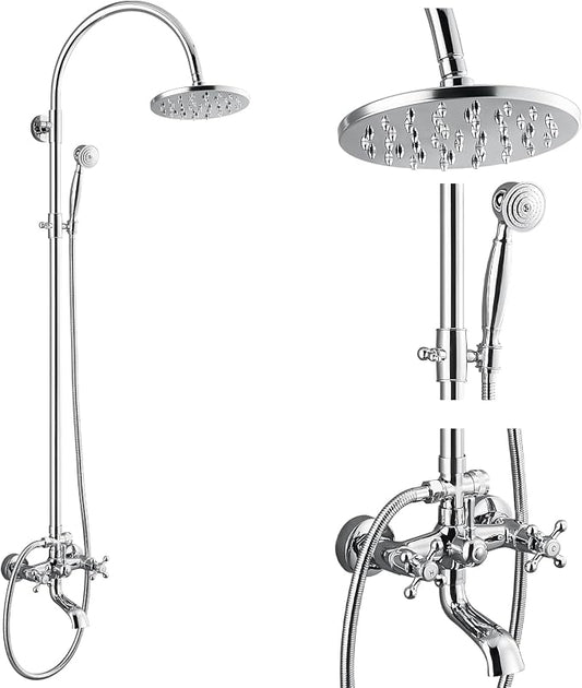 gotonovo Exposed Shower Faucet with Spout Polished Chrome,Curved Pipe | Brass Bathroom Exposed Shower System,8’’ Rain Head,Swivel Tub Spout 2 Cross Handle,Adjustable Handheld Sprayer,Wall Mount