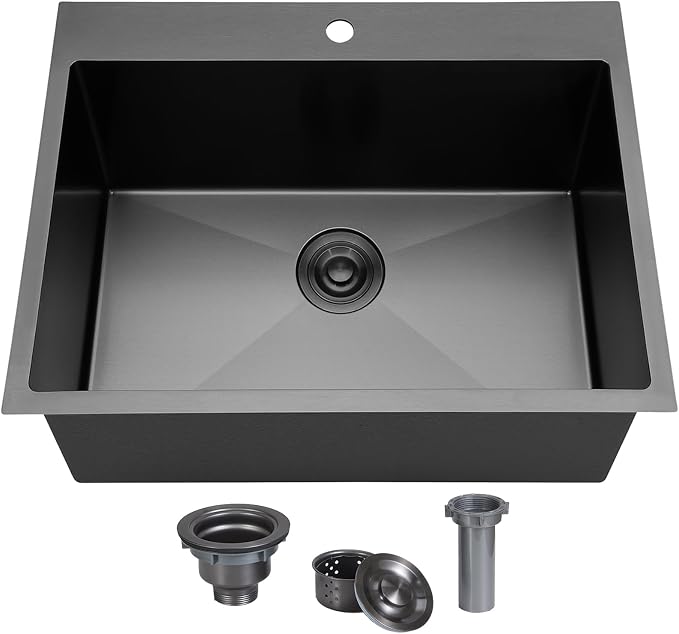 25x22 Inch Black Drop In Kitchen Sink, Top Mount 16 Gauge 304 Stainless Steel 8 Inch Deep Laundry Utility Sink, Gunmetal Black Single Bowl Topmount Overmount Sink