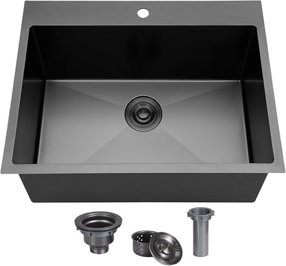 25x22 Inch Black Drop In Kitchen Sink, Top Mount 16 Gauge 304 Stainless Steel 8 Inch Deep Laundry Utility Sink, Gunmetal Black Single Bowl Topmount Overmount Sink