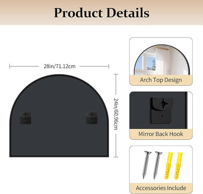 COFENY Arched Mirror, 28’’x24’’ Wide Black Arch Mirrors for Bathroom Sink, Bathroom Vanity Mirror with Metal Frame, Modern Wall Mounted Mirror for Bedroom Living Room Mantle Entryway