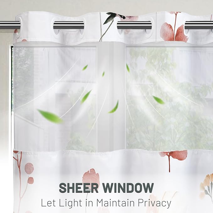 No Hook Floral Shower Curtain with Liner, Coral, 71x74 | Snap in Liner, 3 in 1, Water Repellent, Easy Install, Machine Washable, Hotel Style for Bathroom, Watercolor Pattern