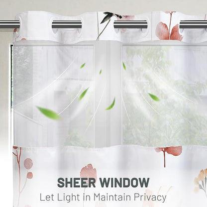 No Hook Floral Shower Curtain with Liner, Coral, 71x74 | Snap in Liner, 3 in 1, Water Repellent, Easy Install, Machine Washable, Hotel Style for Bathroom, Watercolor Pattern