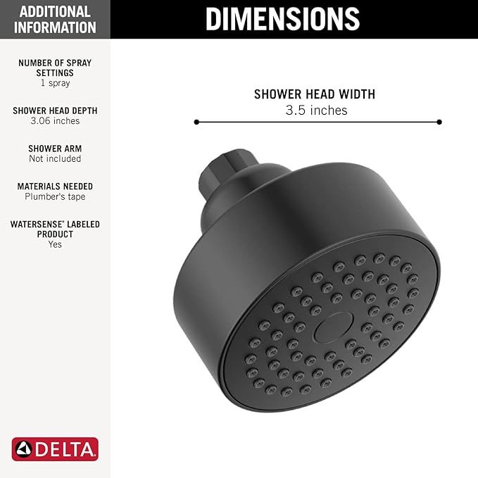 Delta Faucet Modern 3.5-inch Single-Spray Shower Head, Black Round Shower Head, High Pressure Shower Head, 1.75 GPM Flow Rate, Matte Black RP101842BL