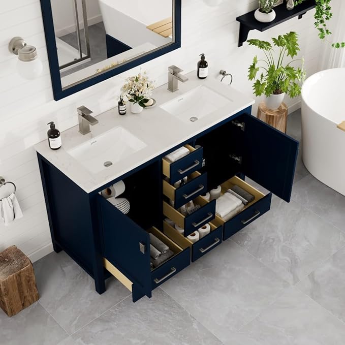 Eviva London 48 Inch Double Sink Vanity - Blue Double Vanity Sinks For Bathrooms - 48 Vanity With Sink And Countertop In Quartz & Undermount Porcelain Sink Combo - 48 Bathroom Vanity With Top And Sink