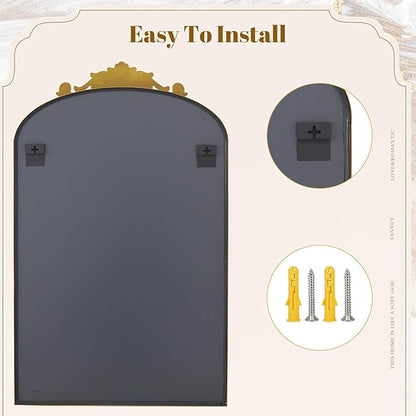 Dewfig Vintage Arched Wall Mirror, 36"x24" Antique Bronze Bathroom Mirror | Ornate Baroque Metal Frame Brass Mirror, Victorian Antique Bronze Mirrors for Living Room, Bathroom, Fireplace, Wall Decor