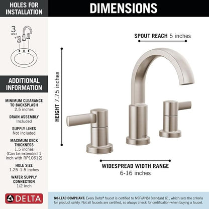 Delta Albion Brushed Nickel Bathroom Faucet 3 Hole, 8 Inch Widespread Bathroom Sink Faucet for Vanity, Metal Push-Pop Drain Assembly, SpotShield Brushed Nickel 35855LF-SP