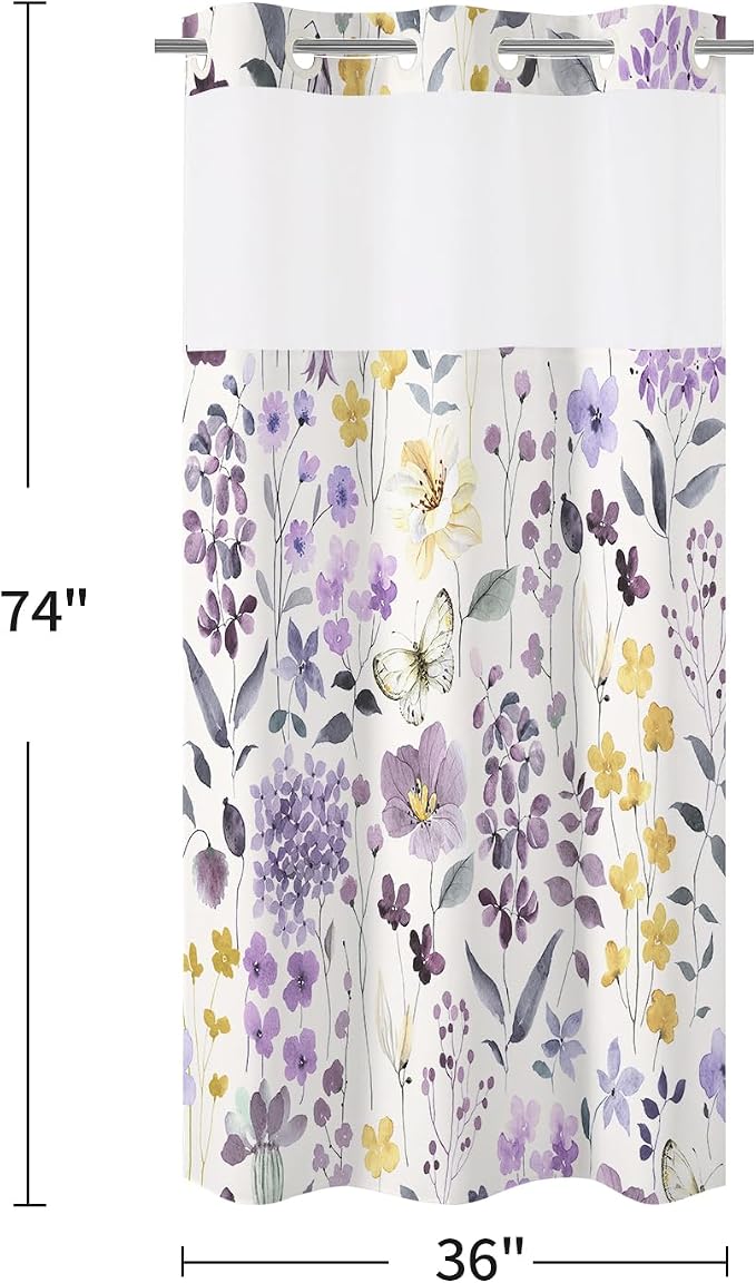 No Hook Purple Watercolor Floral Shower Curtain and Liner Set, 36x74 | Spring Flower Shower Curtains with Snap-in Liner for Farmhouse Bathroom Decor, Botanical Bathroom Curtain with Leaves