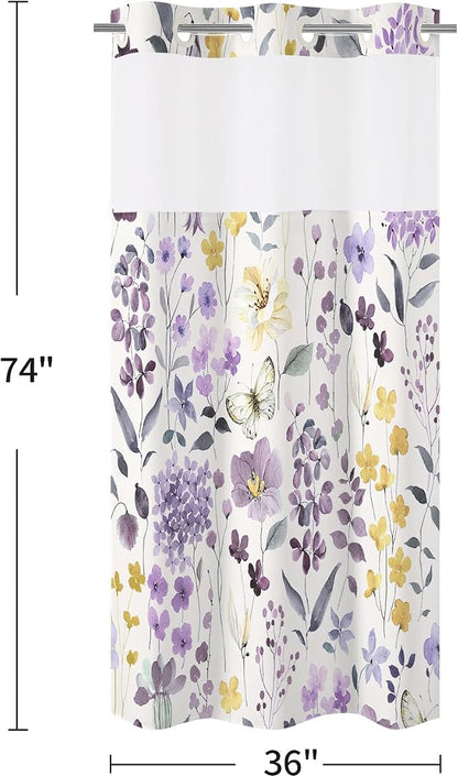 No Hook Purple Watercolor Floral Shower Curtain and Liner Set, 36x74 | Spring Flower Shower Curtains with Snap-in Liner for Farmhouse Bathroom Decor, Botanical Bathroom Curtain with Leaves