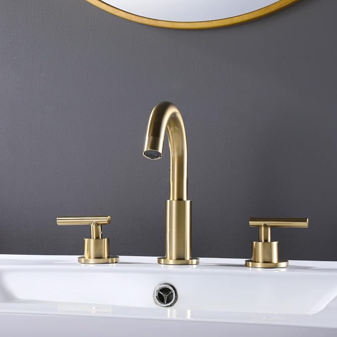 RBROHANT Brushed Gold Widespread Bathroom Faucet 8 Inch Brass Bathroom Faucets for Sink 3 Hole, 2 Handle, 360 Degree Swivel Spout, Deck Mounted, RB0926