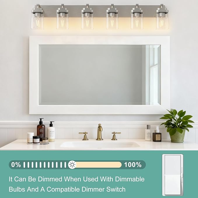 Brushed Nickel Bathroom Light Fixtures, 6 Lights Bathroom Lighting Fixtures Over Mirror, Square Design & Rectangle Large Backplate, Modern Vanity Lighting Fixtures, for Living Room/Bedroom