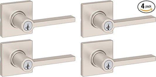 Kwikset Casey Entry Door Handle with Lock and Key, Secure Keyed Reversible Lever Exterior, for Front Entrance and Bedrooms, Satin Nickel, 4 Pack, Pick Resistant SmartKey Rekey Security and Microban