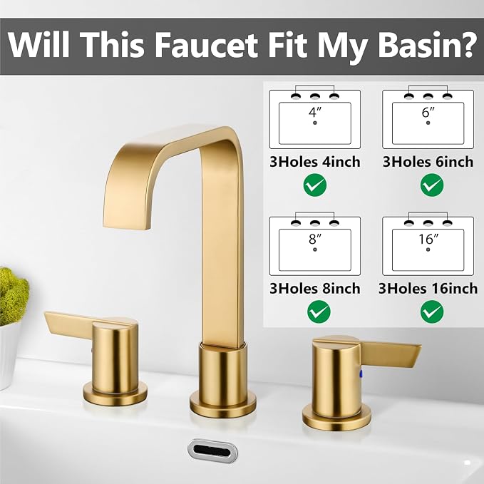 Brushed Gold Bathroom Faucet 3 Hole 8 Inch Widespread Waterfall | 2-Handle Vanity Faucet, Pop-Up Drain, Supply Lines, Adjustable 4- to 16-Inch Widespread Fit, 360° Swivel Spout