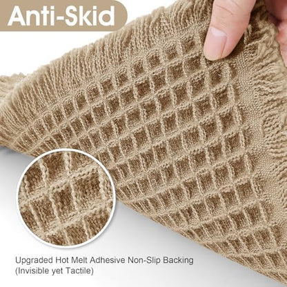 ACCUMTEK Upgraded Waffle Bath Mat, 32"x20" Beige, Super Absorbent Non-Slip Quick Dry Bathroom Rugs with Tassels, Machine Washable Ultra Soft Boho Bath Rugs for Floor, Toilet Mats Boho Farmhouse Decor