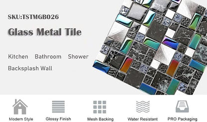 Wall Backsplash Tile Black Glass Silver Metal Iridescent Vibrant Colors for Home Project Kitchen Bathroom Shower Accents Walls Decoration TSTMGB026 (5 Square Feet)