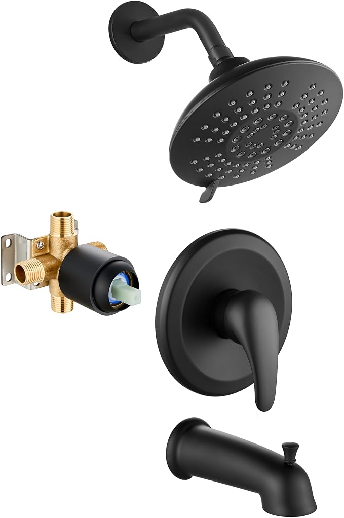 Bathtub Shower Faucet Set Wall Mounted 6 Inch 5-Spray Rainfall Shower Head with Rough-in Valve Single Handle Control Shower Trim Kit with Tub Spout, Matte Black