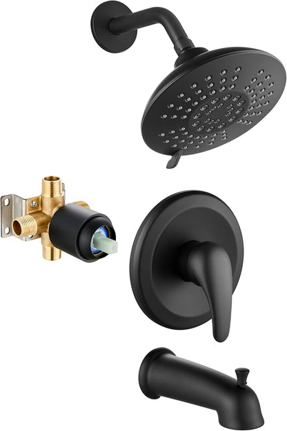 Bathtub Shower Faucet Set Wall Mounted 6 Inch 5-Spray Rainfall Shower Head with Rough-in Valve Single Handle Control Shower Trim Kit with Tub Spout, Matte Black