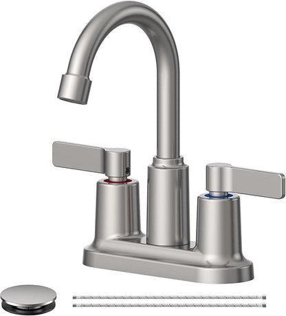 Bathroom Faucets for Sink 3 Hole, Evolvegoods 4 Inch Brushed Nickel Bathroom Faucet with Pop Up Drain and 2 Supply Hoses, 2-Handle Centerset Faucet for Sink Vanity RV