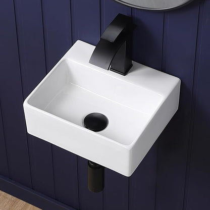 Small Wall Mount Bathroom Vessel Sink 13"x12" Rectangular Floating White Porcelain Ceramic Wall Hung Vanity Basin Sink for Tiny Home,RV,Bathroom