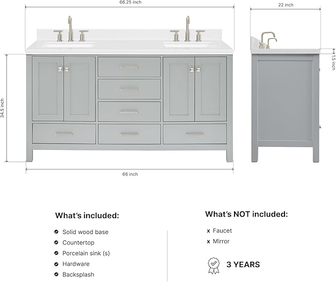 DKB Beckford 66" Grey Double Bathroom Vanity, 1.5" Edge Carrara White Quartz Countertop, Dual Rectangular Undermount Sinks, 4 Soft-Closing Doors, 6 Dovetail Drawers