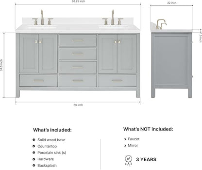 DKB Beckford 66" Grey Double Bathroom Vanity, 1.5" Edge Carrara White Quartz Countertop, Dual Rectangular Undermount Sinks, 4 Soft-Closing Doors, 6 Dovetail Drawers