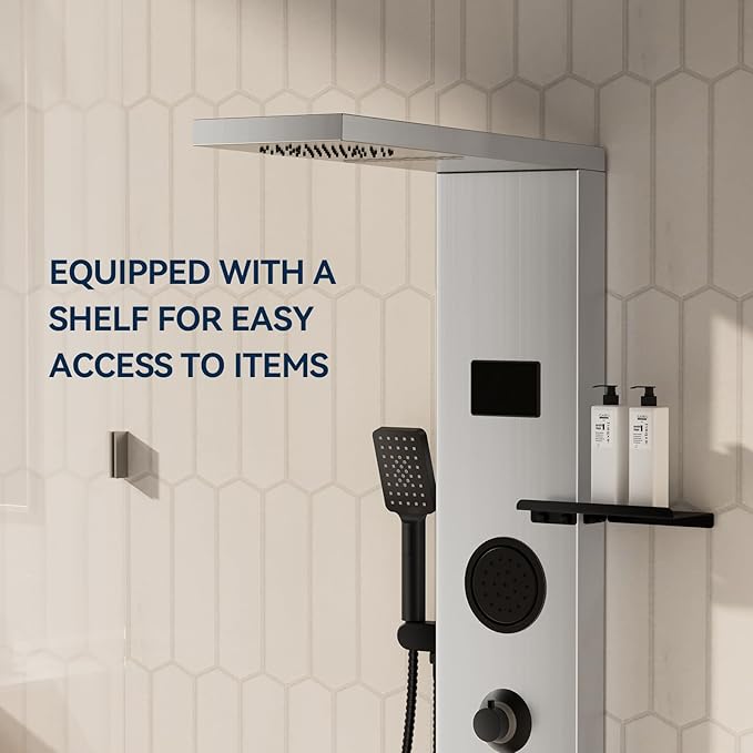 Homevacious 4 In 1 Shower Panel System with Shelf,LED Rainfall Shower Head and Massage Body Jets,3 Functions Handheld Head and Tub Spout,Stainless Steel Bathroom Shower Fixtures,Brushed Nickel