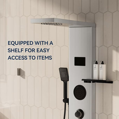 Homevacious 4 In 1 Shower Panel System with Shelf,LED Rainfall Shower Head and Massage Body Jets,3 Functions Handheld Head and Tub Spout,Stainless Steel Bathroom Shower Fixtures,Brushed Nickel