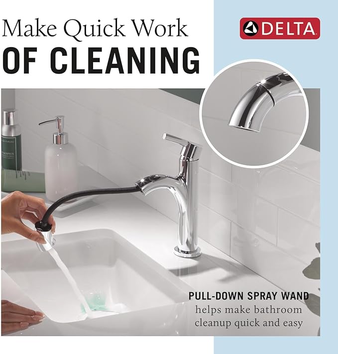 Delta Nicoli 1 Hole Pull Down Bathroom Faucet with Sprayer, Chrome Single Hole Bathroom Sink Faucet with Pull Out Sprayer for Vanity, Metal Push-Pop Drain, Chrome 15749LF-PD