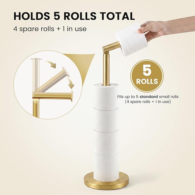 Cesun Free Standing Toilet Paper Holder Stand with Weighted Base, Gold | SUS304 Rustproof Steel | Thick Non-Slip Base | Swivel Pivot Design | Slim Footprint | Holds 5 Rolls