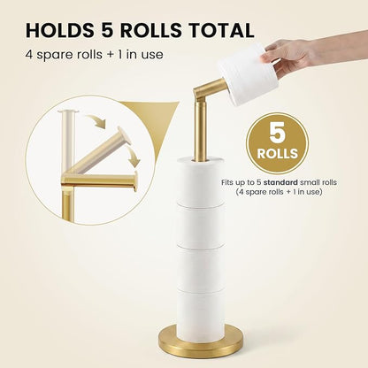 Cesun Free Standing Toilet Paper Holder Stand with Weighted Base, Gold | SUS304 Rustproof Steel | Thick Non-Slip Base | Swivel Pivot Design | Slim Footprint | Holds 5 Rolls