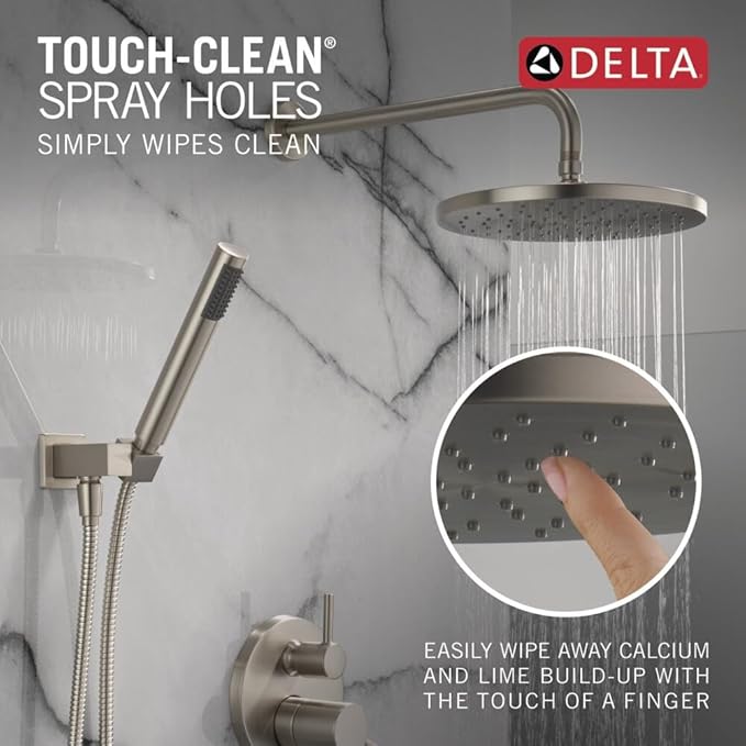Delta Modern 14 Series Round Rain Shower System Faucet Set, Rainfall Brushed Nickel Shower Head and Handle Set, Valve Trim Kit, 10 Inch, Spotshield Stainless 342702-SP