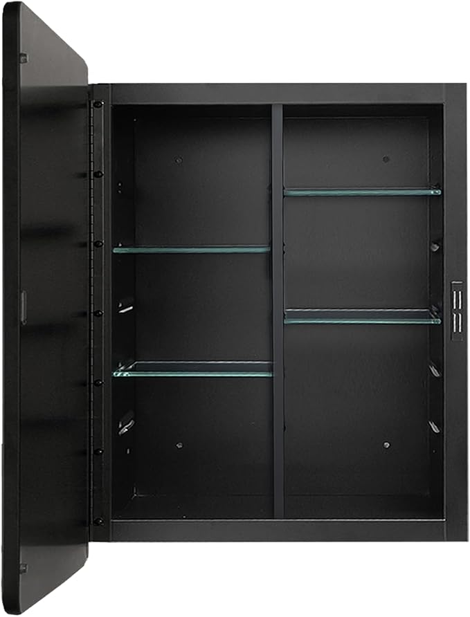 Black Medicine Cabinet 22x28 inch, Bathroom Mirror with Storage, Recessed or Wall Mounted Farmhouse Cabinets, Metal Framed Adjustable Shelves, One Door Open Left or Right