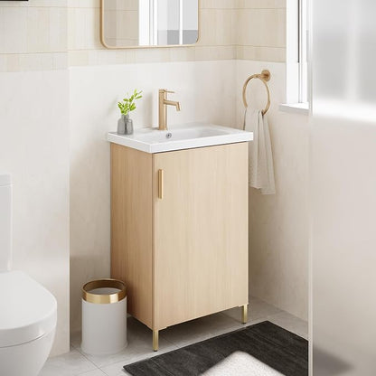 20 Inch Oak Pre-Assembled Small Bathroom Vanity Freestanding Cabinet with Ceramic Sink, Soft-Close Door, Space-Saving Design, No Faucet,BV05-20-OAK-JH