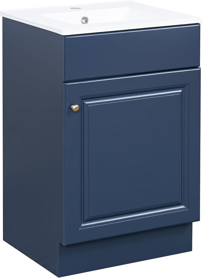 Christopher Knight Home Vanes Wood Frame 20" Bathroom Vanity with Ceramic Sink, Cabinet with Soft-Closing Door Shelf and Adjustable Shelf, Open Back, Metal Hardware, Storage/Organizer, Blue