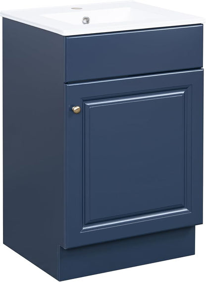 Christopher Knight Home Vanes Wood Frame 20" Bathroom Vanity with Ceramic Sink, Cabinet with Soft-Closing Door Shelf and Adjustable Shelf, Open Back, Metal Hardware, Storage/Organizer, Blue
